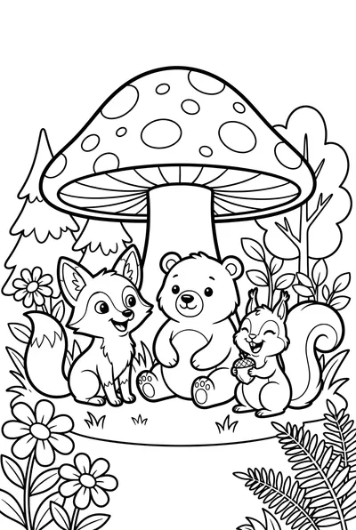 Whimsical cartoon drawing featuring a happy fox, bear cub, and giggling squirrel sitting under a large mushroom.