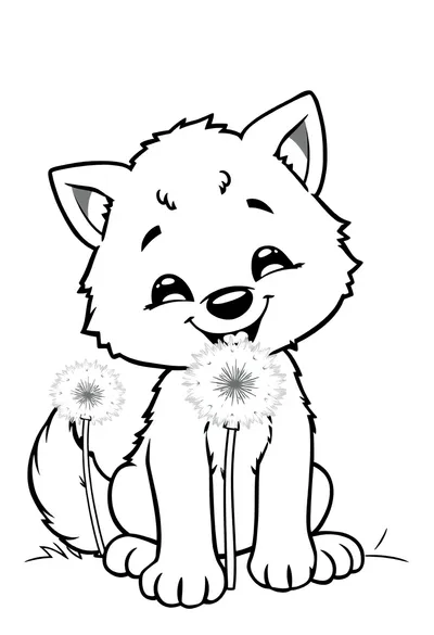 超级可爱友善的卡通小狼崽，咯咯笑的玩耍涂色页