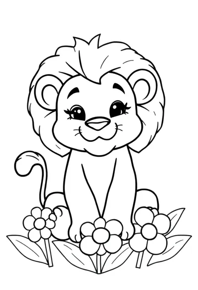 超可爱友善的卡通小狮子坐着玩耍涂色页