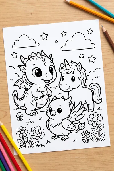 Whimsical black line art of a chunky baby dragon with oversized eyes and tiny wings, alongside a fluffy unicorn foal.