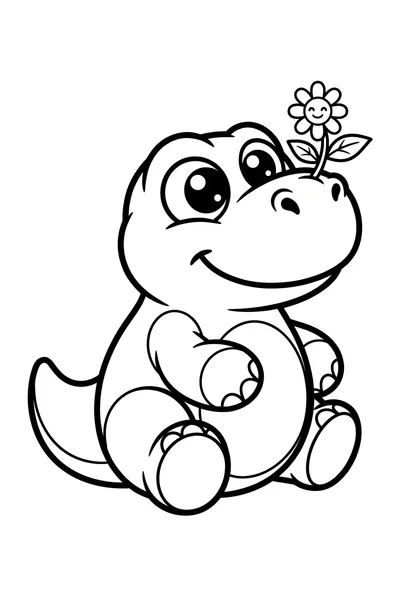 A cheerful, round-bellied cartoon baby dinosaur with large innocent eyes, playfully blowing a large, stylized bubble.
