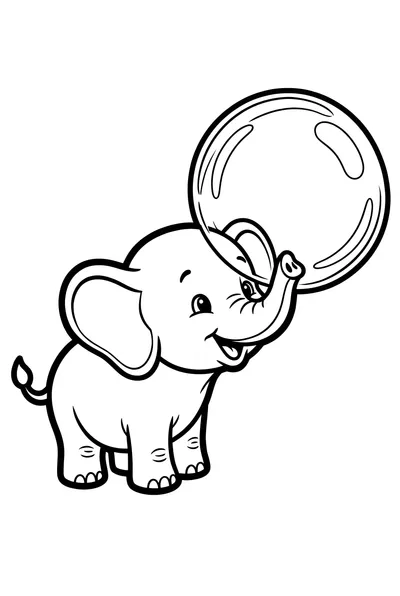 Whimsical cartoon baby elephant with thick outlines, playfully interacting with a large floating bubble, centered.