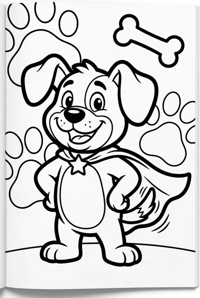 Cheerful cartoon dog hero standing proudly, wearing a simple cape, big smile, floppy ears, wagging tail. Whimsical style, easy details.