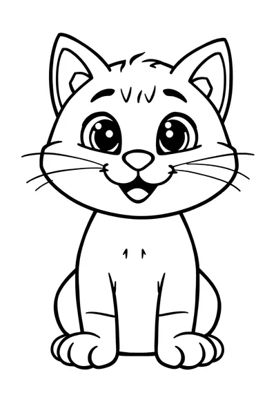 Black line art drawing of a cute, friendly cartoon cat with simple, clear features, centered for easy coloring.