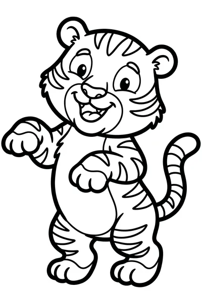 A playful, plump cartoon tiger cub with oversized paws and a joyful expression, standing in a slightly wobbly stance.