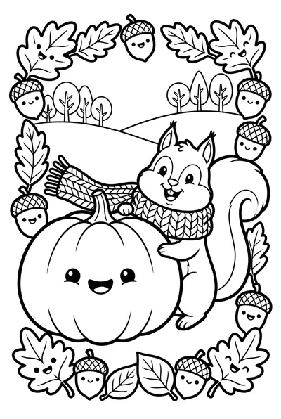 A charming cartoon squirrel holding an acorn sits beside a friendly, smiling pumpkin with fall leaves. Bold outlines, large areas for easy coloring.