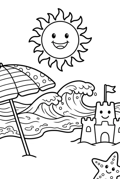 A cheerful cartoon scene featuring a smiling sun with thick rays, gentle bubbly ocean waves, and a striped beach umbrella in simplistic line art.