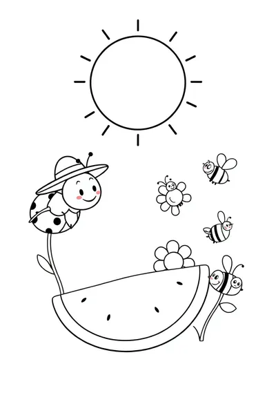 奇趣卡通全页涂色插画：瓢虫野餐乐