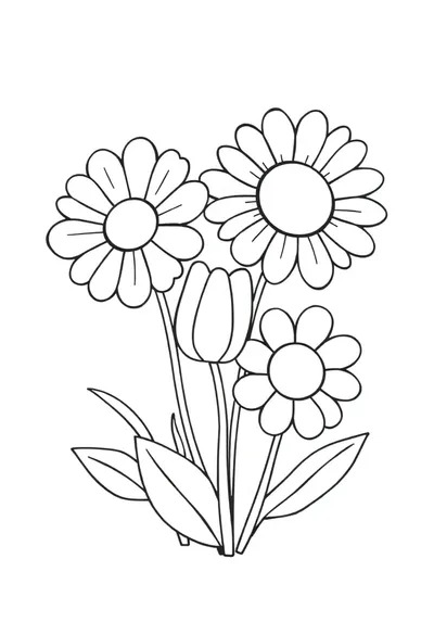 可爱卡通花朵涂色页：简约黑白设计