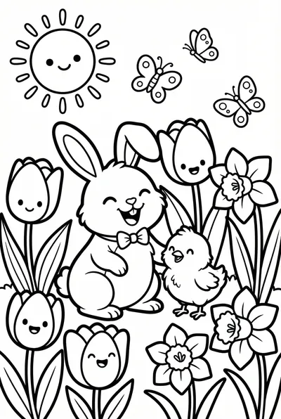 春日花园里快乐的小兔和小鸡