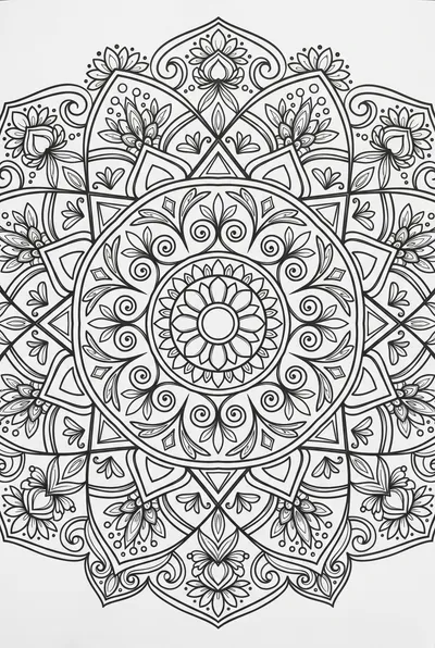 Highly detailed, perfectly symmetrical circular mandala with 8-fold radial symmetry and intricate concentric rings, in clean black line art.