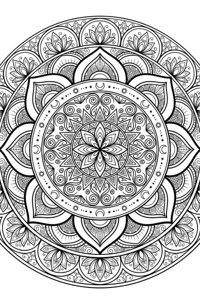 A highly intricate, perfectly symmetrical circular mandala design in black line art on a white background. Features detailed geometric and flowing patterns.