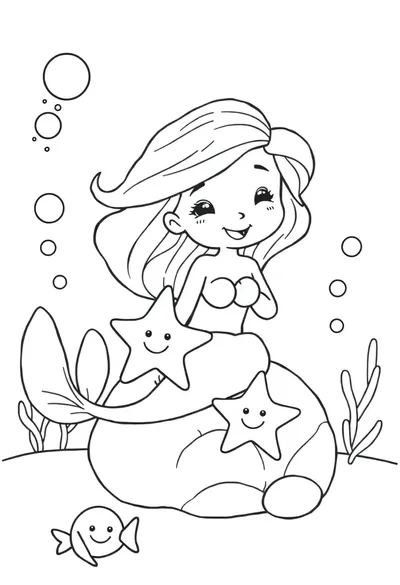 Smiling cartoon little mermaid with flowing hair playing with a happy starfish on a smooth rock underwater.