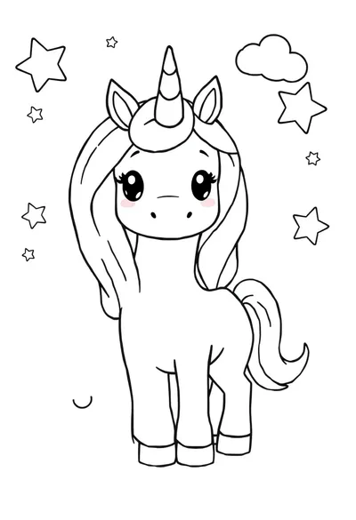 A very cute and friendly cartoon unicorn stands gracefully, smiling. Features a flowing mane, simple thick tail, smooth spiral horn, and big, kind eyes.