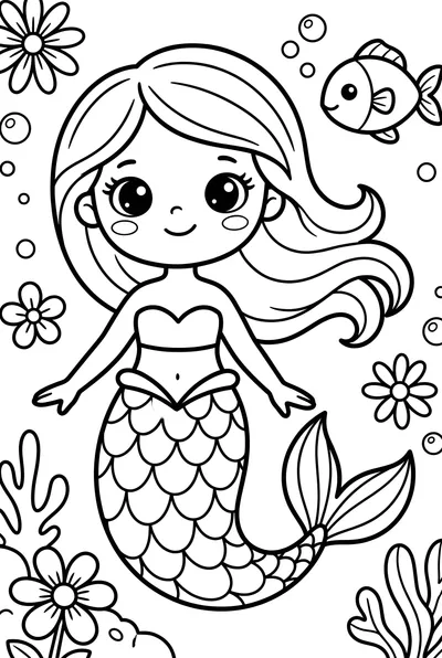 A friendly, cute cartoon mermaid drawing, centered with a gentle smile, large expressive eyes, and simple flowing hair.