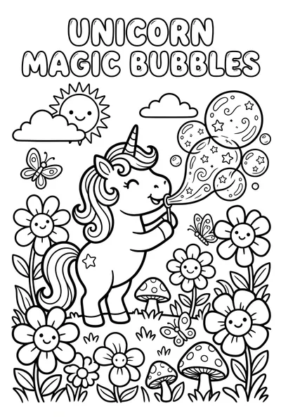 A friendly cartoon unicorn with a swirly horn stands in a whimsical meadow, gently blowing magical bubbles. Features simple, clear lines.