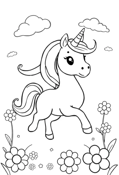 Página para colorear: Un unicornio de dibujos animados amigable y gentil, galopando con gracia