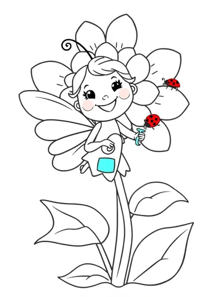 A Cheerful, Round-faced Cartoon Fairy With Large, Simple But Coloring Page