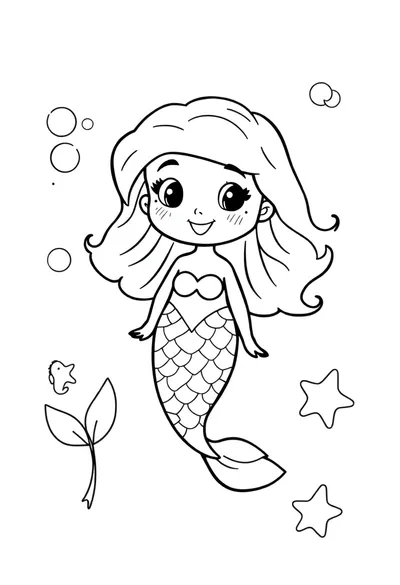 Página para Colorear: Sirena de Dibujos Animados Encantadora y Feliz con Dulce Sonrisa