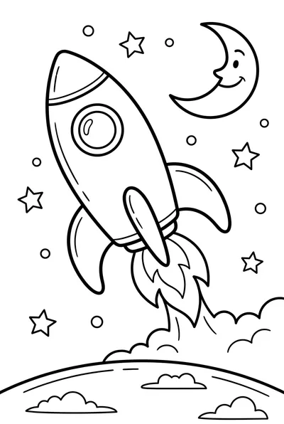 Cheerful Rocket Launching To Moon — black and white line art for kids
