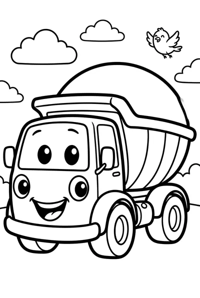 A cheerful, cartoon-style dump truck drawing with large, round shapes, big happy eyes, and a wide, excited smile, centered prominently.