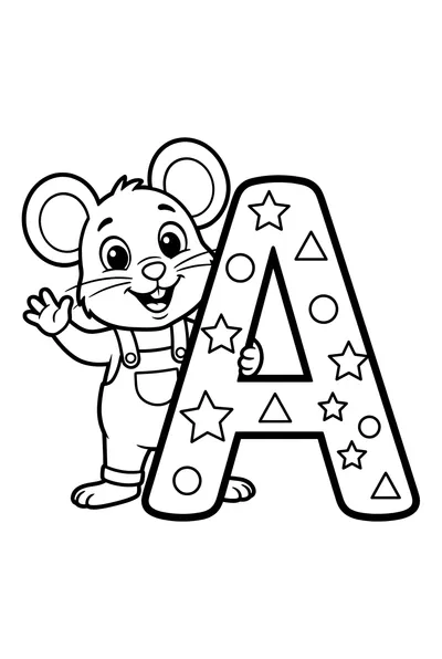 Friendly cartoon mouse character standing proudly next to a large, whimsically decorated letter 'A' adorned with stars and simple shapes.