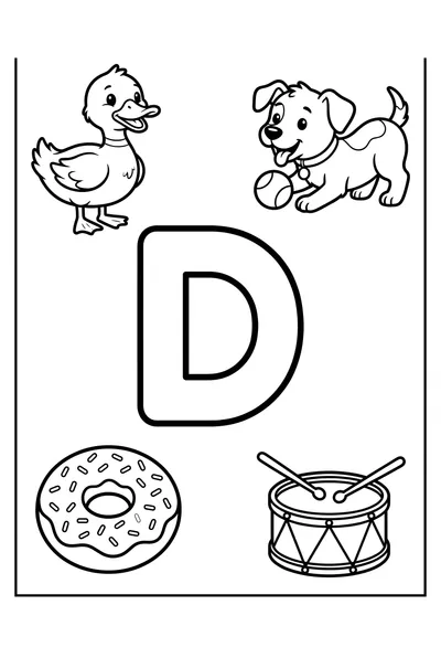 Large uppercase letter D drawing surrounded by simple cartoon illustrations of a duck, dog, donut, and drum.