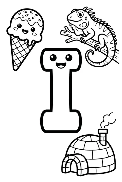 Large, friendly uppercase letter I surrounded by a happy ice cream cone, smiling iguana, and simple igloo, all in cute cartoon style.