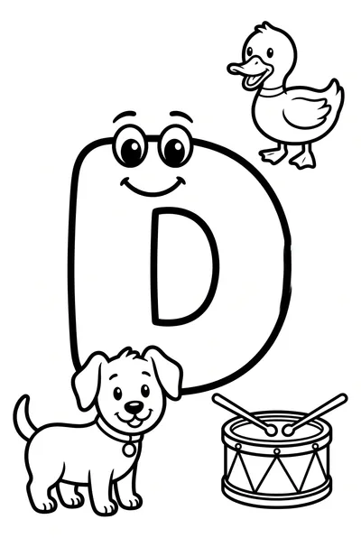 Large, cute cartoon letter 'D' with friendly illustrations of a happy dog, a duck, and a drum around it, outlined in black.