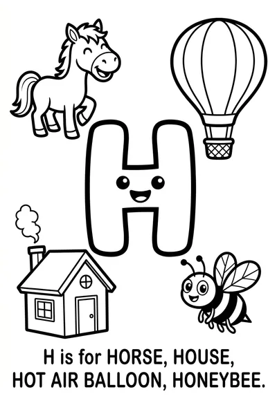 Cartoon drawing of a cheerful uppercase letter H surrounded by a house, horse, hat, and hedgehog with thick black outlines.