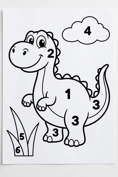 Cute, friendly cartoon dinosaur with simple rounded shapes, large happy eyes, and numbered sections for a color by number activity.