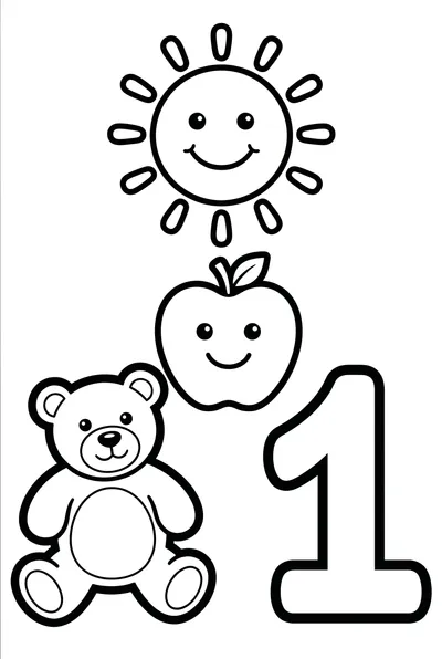 Simple cartoon drawing for preschoolers: a smiling sun, friendly bear, apple, and the number one, all outlined.