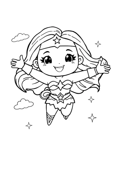 A super cute, friendly, cartoon Wonder Woman with a big, happy smile and large, round eyes, showcasing her classic costume elements. Black line art on a white background.