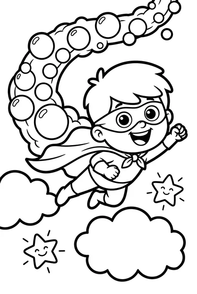 Happy cartoon child superhero flying with a cape and mask, leaving a trail of large, perfect bubbles.