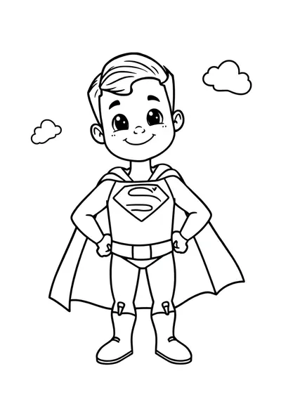 An outline drawing of a smiling, friendly cartoon Superman in a classic pose, with thick, bold black lines on a white background, suitable for young children.