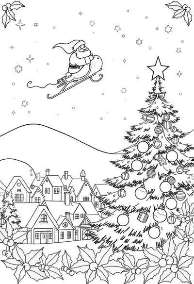A Joyful Christmas Scene, Black Line Art On A White Backgrou Coloring Page