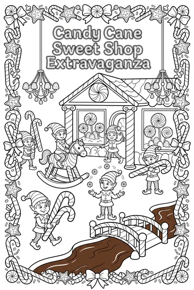 A whimsical cartoon scene of a bustling candy cane sweet shop. Cheerful elves are busy making and serving various candies and festive treats.