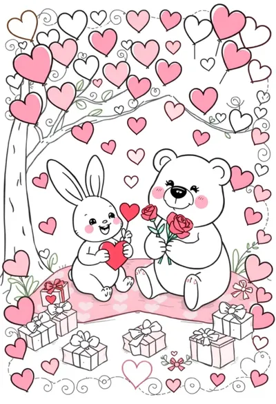 A Cheerful, Full-page, Cartoon-style Valentine's Day Colorin Coloring Page