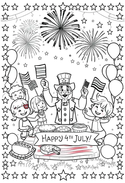 Página para colorear: Vibrante escena de celebración del 4 de Julio en dibujos animados