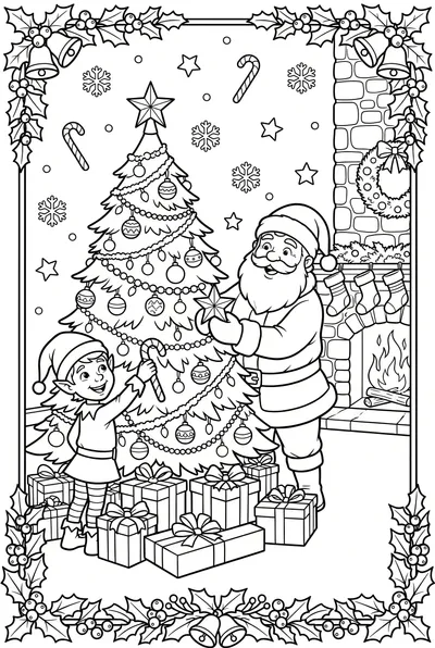 Santa And Elf Decorate Christmas Tree