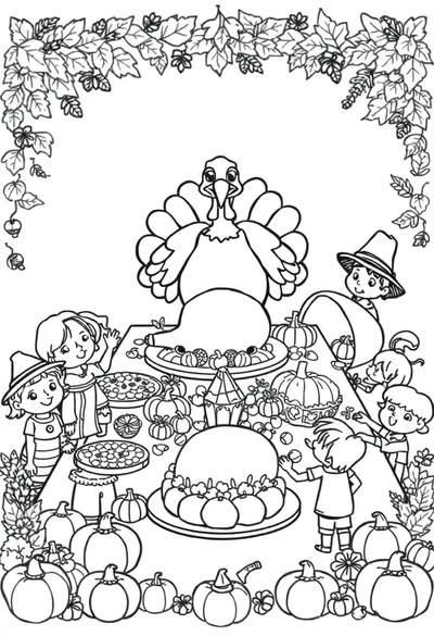 欢乐丰盛的感恩节涂色页，卡通涂色页