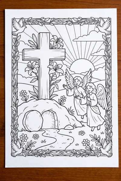 Simple cartoon black line art depicting serene angels on a peaceful Easter morning, suitable for all ages.