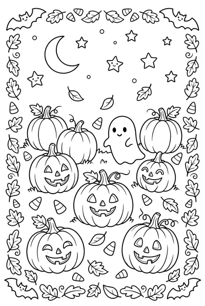 Whimsical cartoon line art drawing of happy pumpkins in an autumn patch under a starry night. Several smiling carved pumpkins in a field.