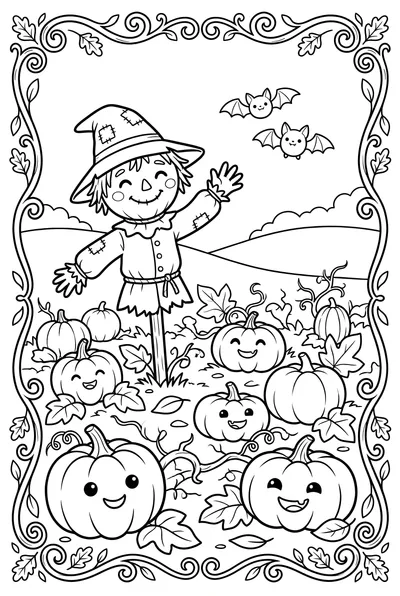 Cheerful cartoon pumpkin patch scene with smiling pumpkins and a friendly scarecrow. Distant trees and a barn are visible in this easy drawing.