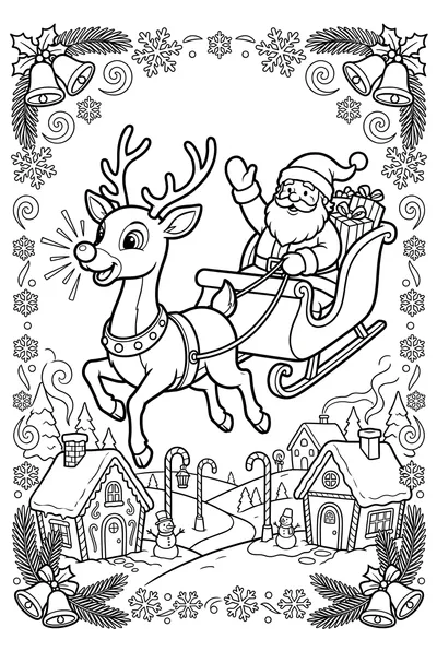 Cheerful cartoon drawing of Rudolph the Red-Nosed Reindeer with a bright nose, pulling Santa's sleigh over a detailed, snow-covered village.