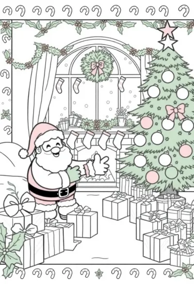 Página para Colorear: Salón Navideño Alegre al Estilo Dibujo Animado