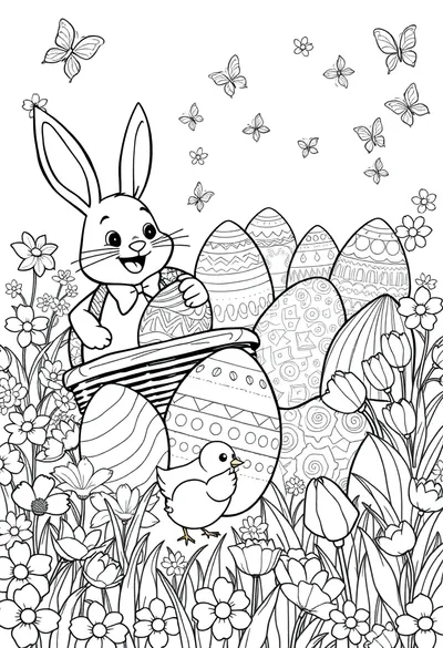 A Delightful Cartoon Easter Coloring Page, Brimming With Spr Coloring Page