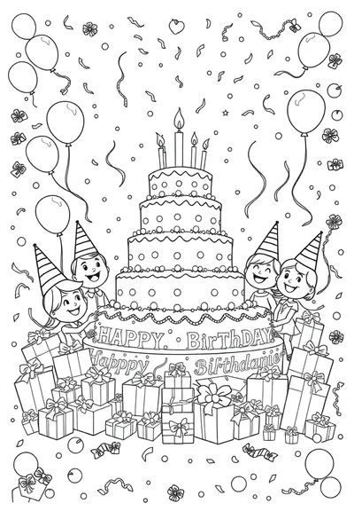 A cheerful, multi-tiered birthday cake adorned with many lit candles, presented in a clear, easy-to-color cartoon line art style.