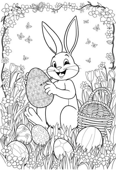 Cheerful cartoon Easter bunny with big smile, decorating large patterned Easter egg with tiny paintbrush, surrounded by spring flowers.