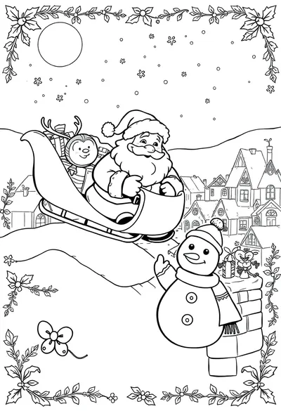 Cartoon-style drawing of Merry Santa Claus with a playful wink and a big smile, set in a whimsical Christmas Eve scene.